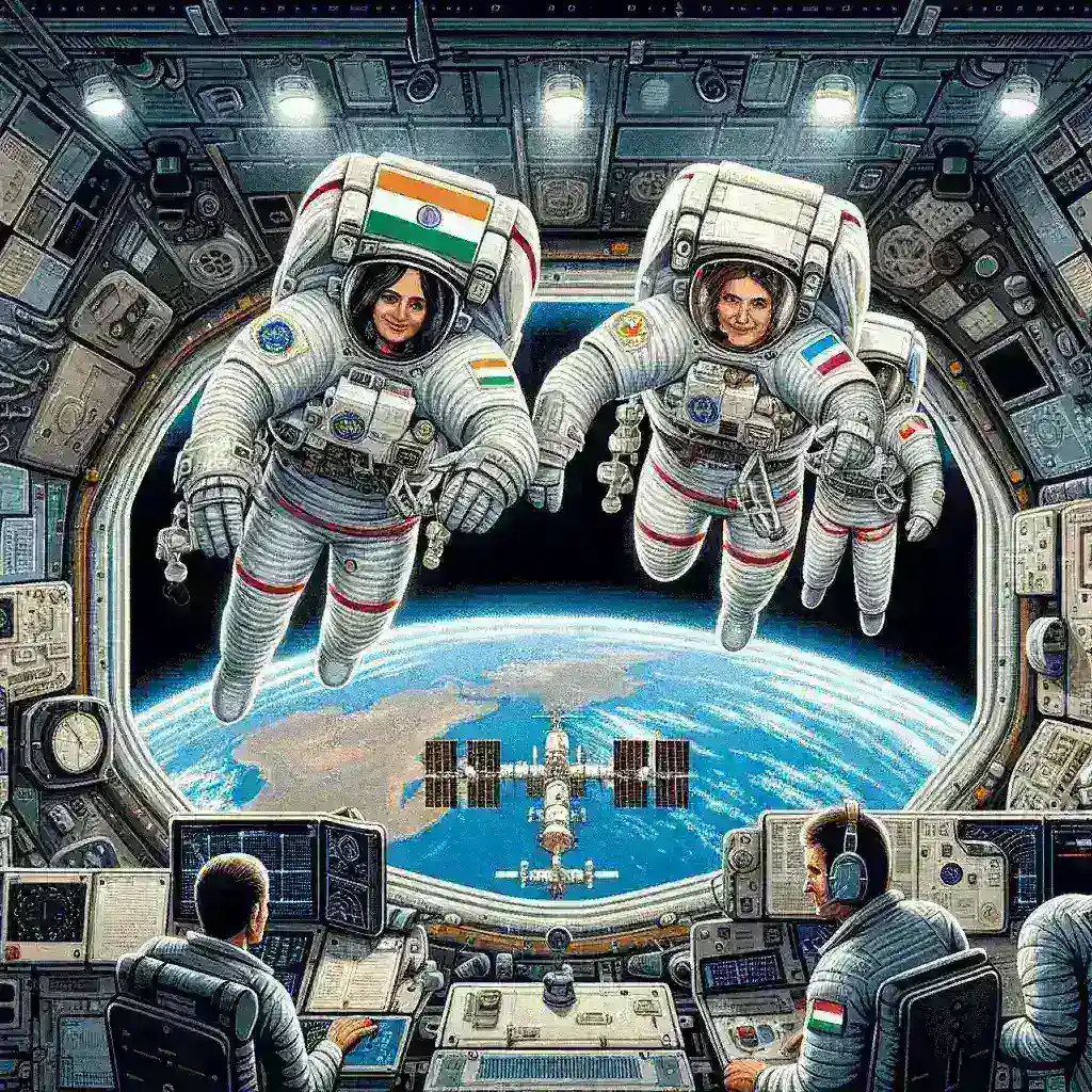 "Imagem da Estação Espacial Internacional com bandeiras da Índia, Polônia e Hungria, simbolizando a colaboração internacional em ciências espaciais durante a Missão Espacial Histórica."